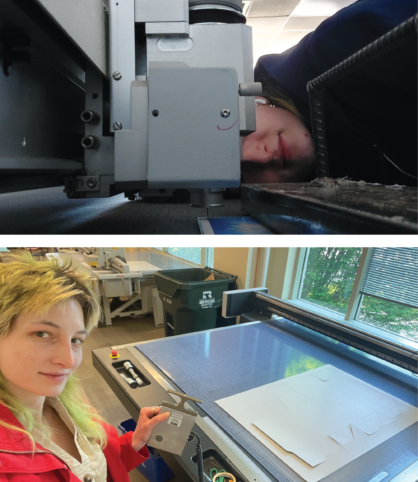 Top photo is me working on a side project of covering my back office wall with Czech scenery, using a weight and the plotter to trim the white edges made during printing. Due to the lack of laser in my old Zund table, I manually nudged the knife point and got close to check placement. <br> <br>
                Bottom pic is me at the Atlanta design facility checking out the added features in their new Kongsberg. Im holding the tool to align blade height, which I had to do by eye with my home table. 